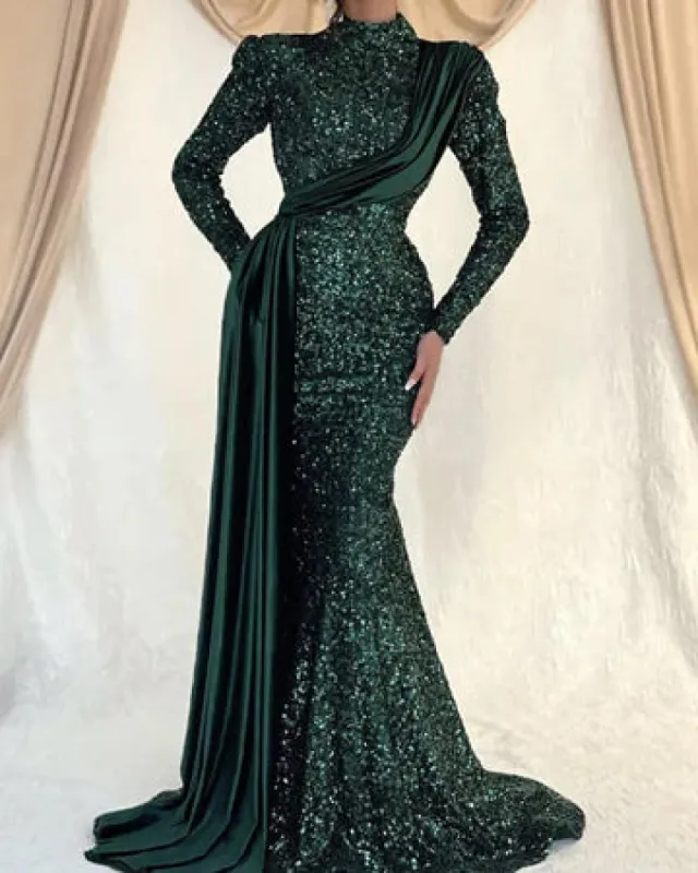 Emerald Green Sequin Evening Dress Long Sleeve Mermaid Prom Dress sold by My Chic Dress