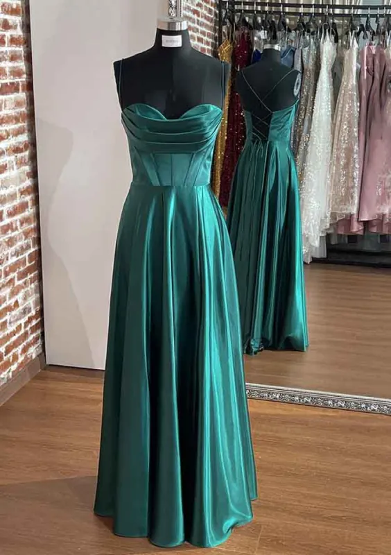 A-line Silk like Emerald Green Satin Prom Dresses 2025 Ruched Pleated sold by My Chic Dress
