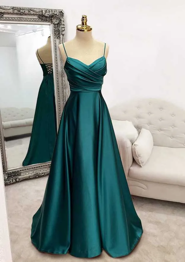 Floor-Length Satin Green Prom Dress A-line With Pleated sold by My Chic Dress