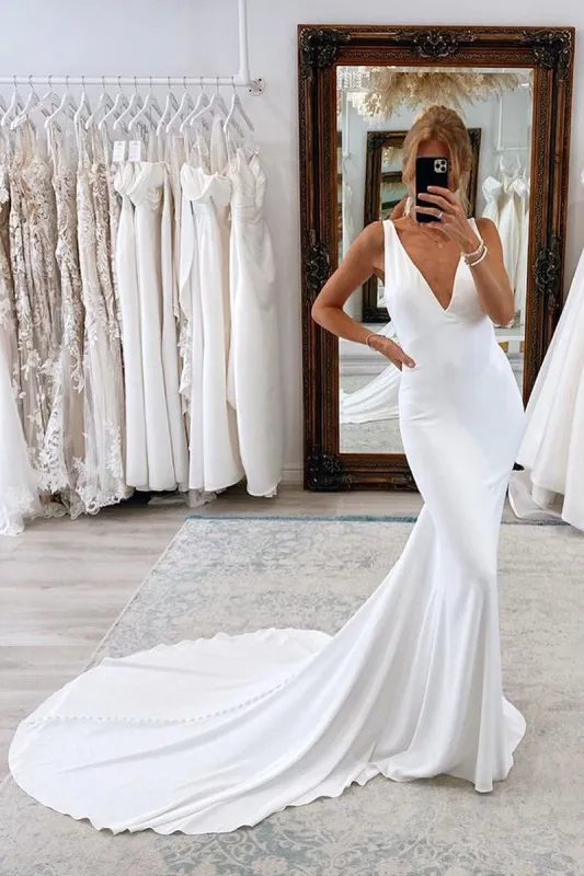 White Soft Satin V Neck Minimalist Wedding Dresses Pearls Mermaid Backless sold by My Chic Dress