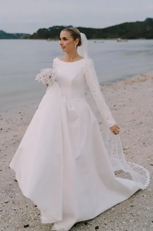 A-Line Beach Satin Modest Wedding Dresses Long Sleeves Jewel Neckline sold by My Chic Dress