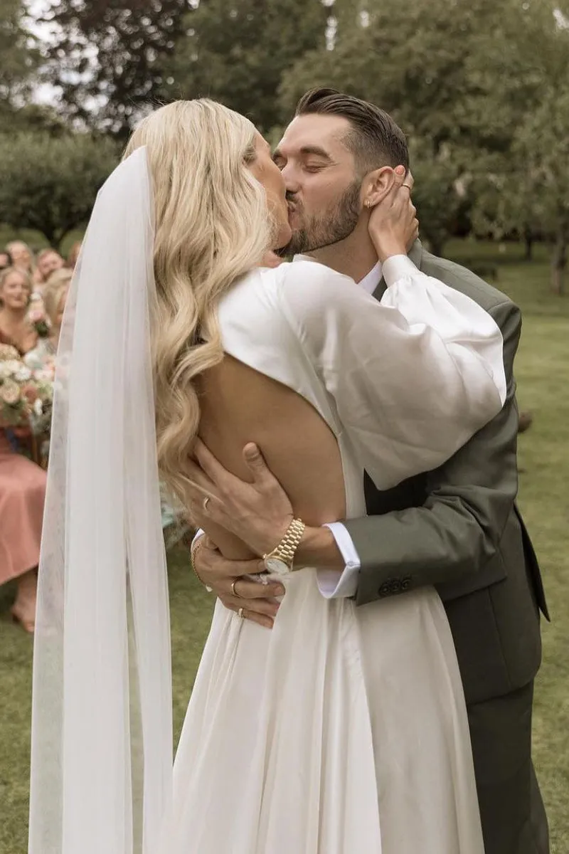 A-Line Long Sleeves Satin Wedding Dresses Deep V Neck sold by My Chic Dress product image thumbnail 4