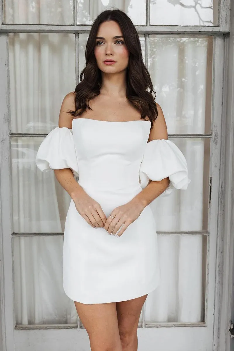 Short Satin White Wedding Dress Strapless Bubble Sleeves sold by My Chic Dress