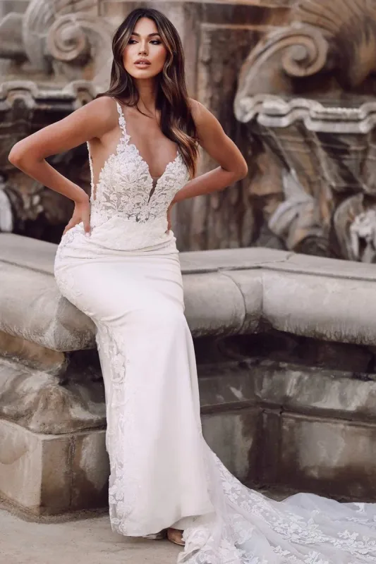 Princess Satin Wedding Dresses Drop Waist V Neck Mermaid Bridal Wear Lace sold by My Chic Dress