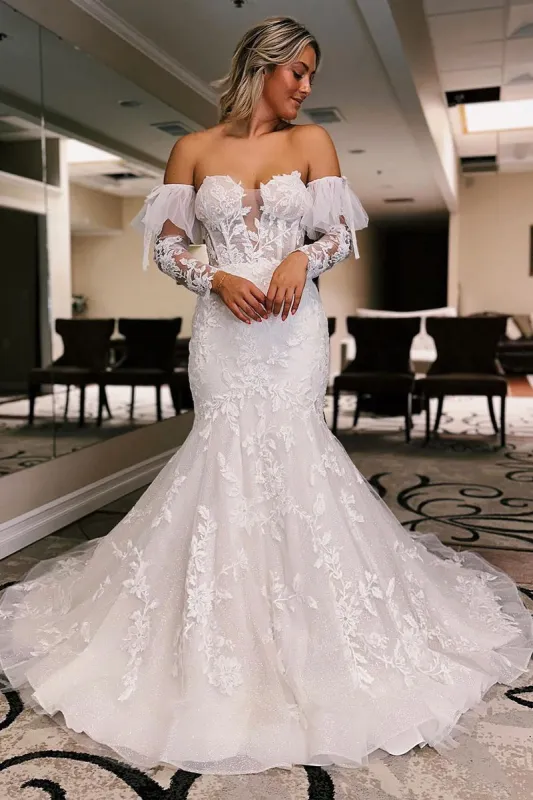 Gorgeous White Tulle Lace Wedding Dresses Mermaid Sweetheart Sleeves sold by My Chic Dress