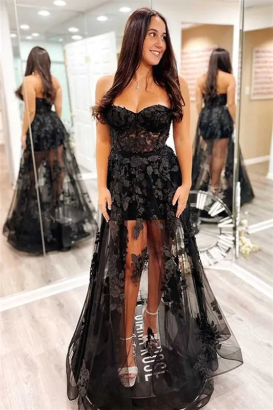 A-Line Black Prom Dresses Lace 2025 Long Evening Dress Strapless Appliques sold by My Chic Dress