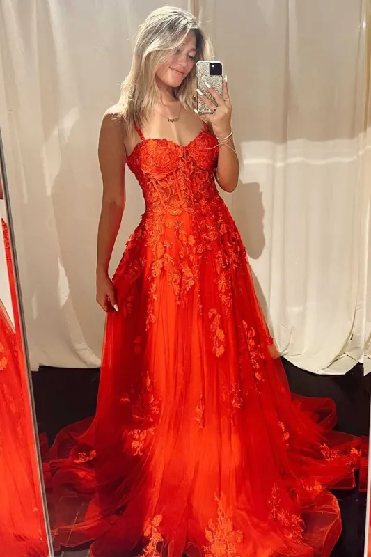 2025 Lace Red Formal Dress Corset Long Straps Evening Dress Appliques sold by My Chic Dress