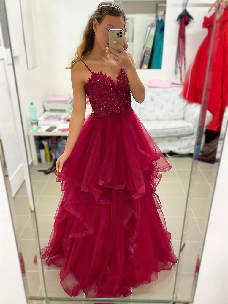 A Line Burgundy Lace Prom Dresses 2025 V Neck Tulle Formal Gown sold by My Chic Dress