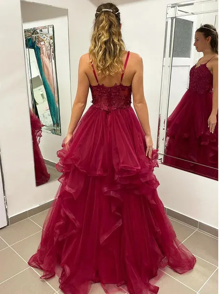 A Line Burgundy Lace Prom Dresses 2025 V Neck Tulle Formal Gown sold by My Chic Dress product image thumbnail 2