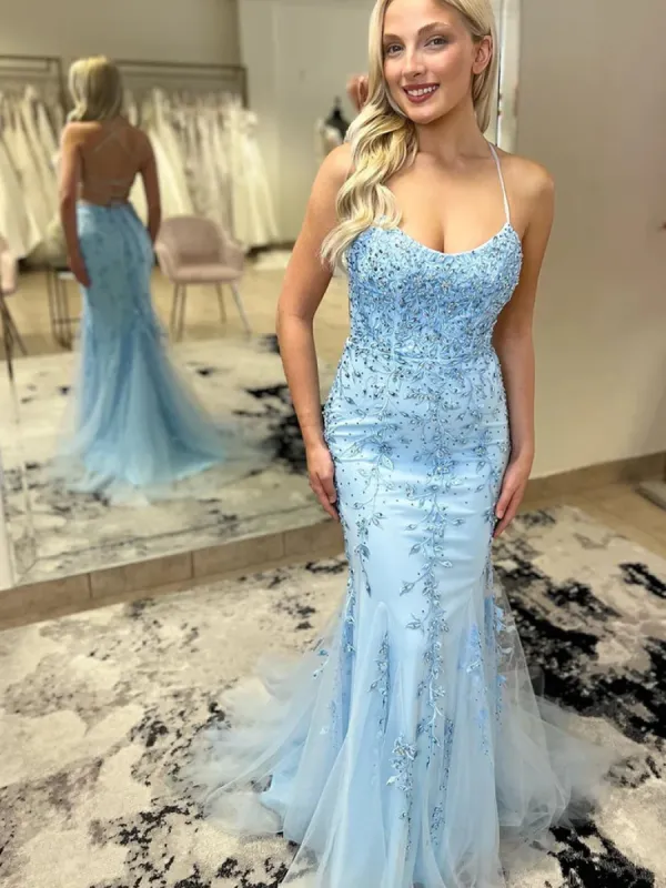 2025 Lace Blue Prom Dresses Sleeveless Mermaid with Beaded sold by My Chic Dress