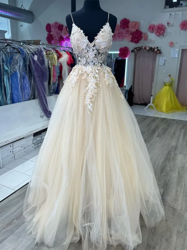 Hot A Line Tulle Lace V Neck Champagne Formal Prom Dresses Online sold by My Chic Dress