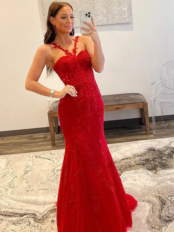 2025 Red Lace Prom Dresses Mermaid Sleeveless Formal Evening Dresses UK sold by My Chic Dress