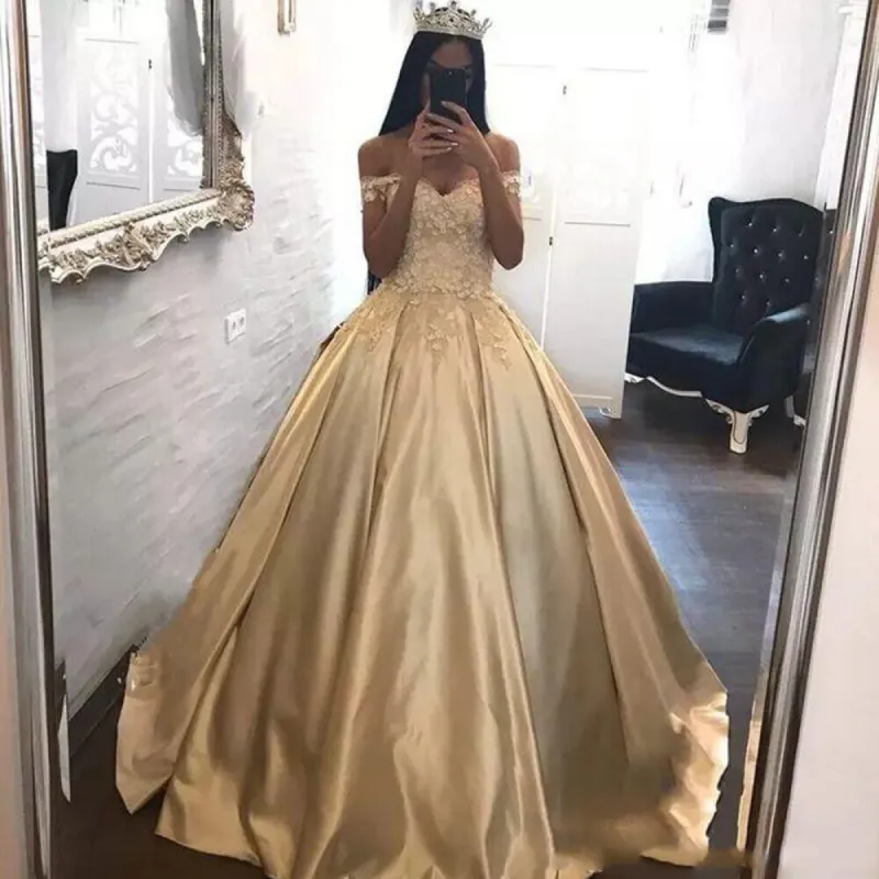 Plus Size Lace Floral Satin Gold Quinceanera Dress Off Shoulder sold by My Chic Dress