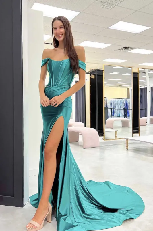 New Off-the-Shoulder Green Satin Evening Dress High Slit Corset Back sold by My Chic Dress