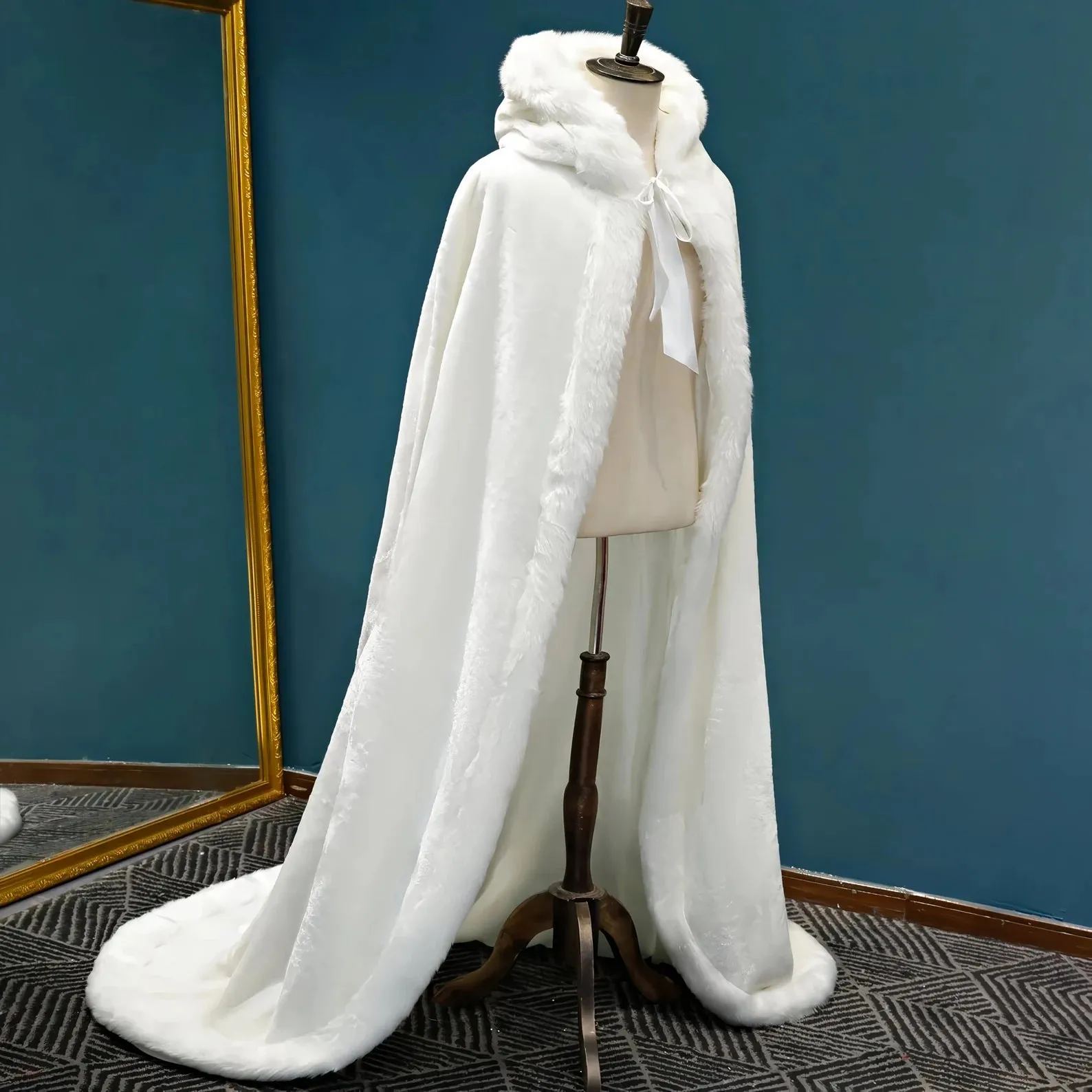Floor Length Faux Fur White Winter Wedding Cloak Bride Shawl Cape Coat sold by My Chic Dress product image thumbnail 4