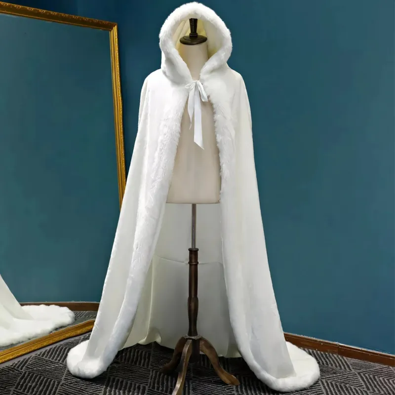 Floor Length Faux Fur White Winter Wedding Cloak Bride Shawl Cape Coat sold by My Chic Dress