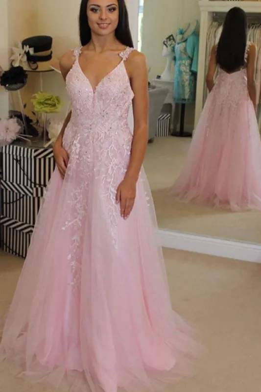 2025 Cheap Pink Prom Dresses Tulle Long Evening Dress with Appliques sold by My Chic Dress
