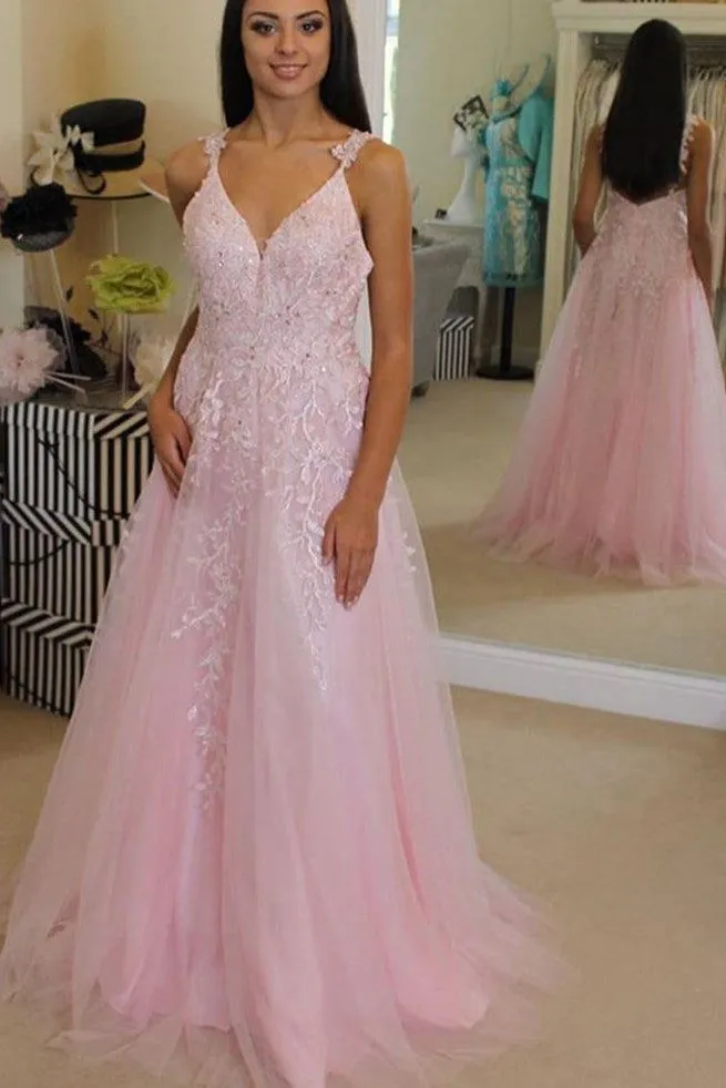 2025 Cheap Pink Prom Dresses Tulle Long Evening Dress with Appliques sold by My Chic Dress