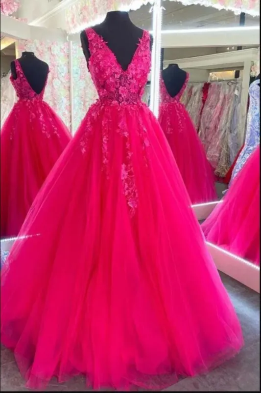 V Neckline Hot Pink Prom Dress Custom Made Formal Dress Long sold by My Chic Dress