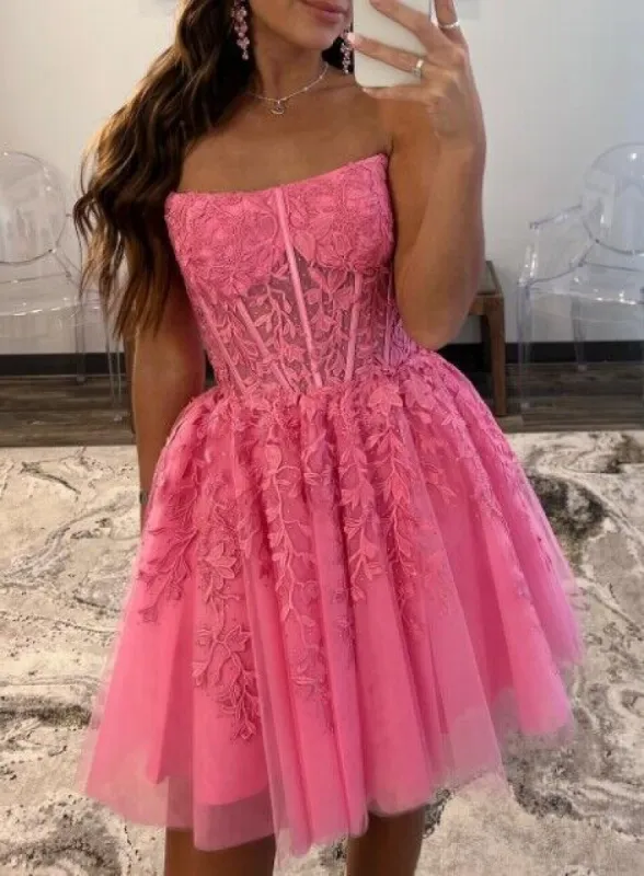 UK Short Lace Homecoming Dress Pink Prom Dress 2025 Strapless sold by My Chic Dress