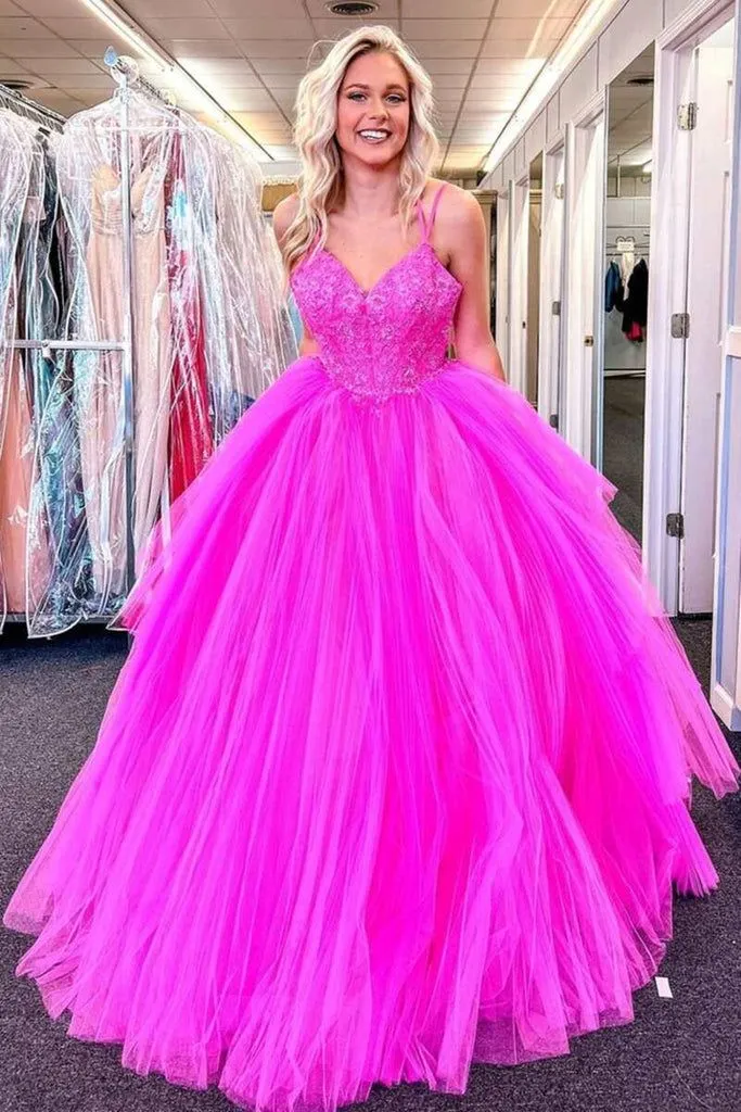 Long V Neck Prom Dresses 2025 Appliques Lace Tulle Formal Evening Dresses sold by My Chic Dress product image thumbnail 2