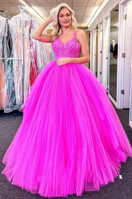 Long V Neck Prom Dresses 2025 Appliques Lace Tulle Formal Evening Dresses sold by My Chic Dress