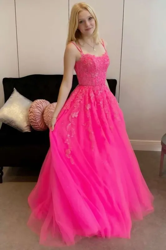 Princess Hot Pink Prom Dresses Appliqués Backless Long Formal Dress sold by My Chic Dress