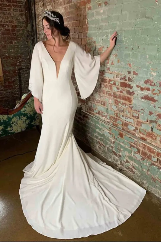 Long V-Neck Chiffon Puff Sleeves Beach Ivory Bridal Dress Mermaid sold by My Chic Dress
