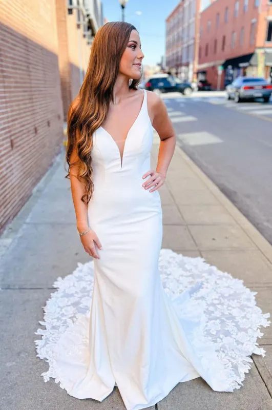 Cheap Boho V-Neck White Satin Wedding Dress Mermaid with Appliques sold by My Chic Dress