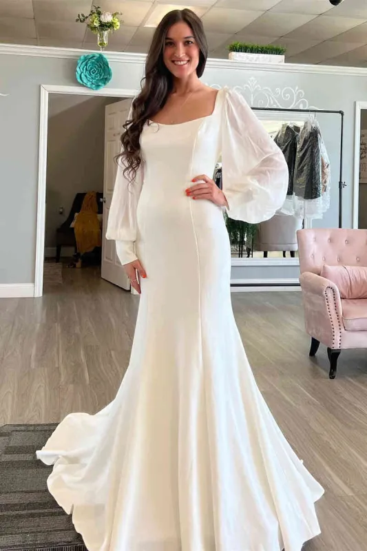 Mermaid Ivory Puffy Long Sleeves Modest Minimalist Wedding Dresses Satin sold by My Chic Dress