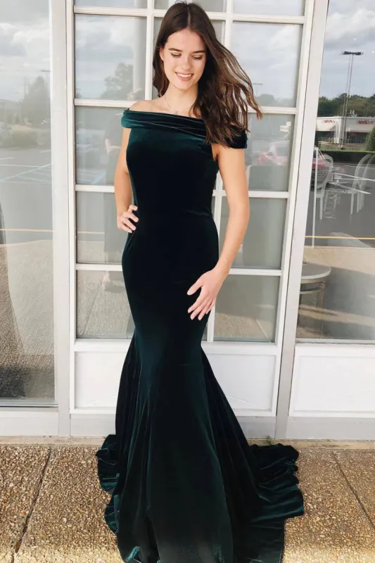 Dark Green Velvet Winter Formal Dress Off the Shoulder Prom Dress sold by My Chic Dress
