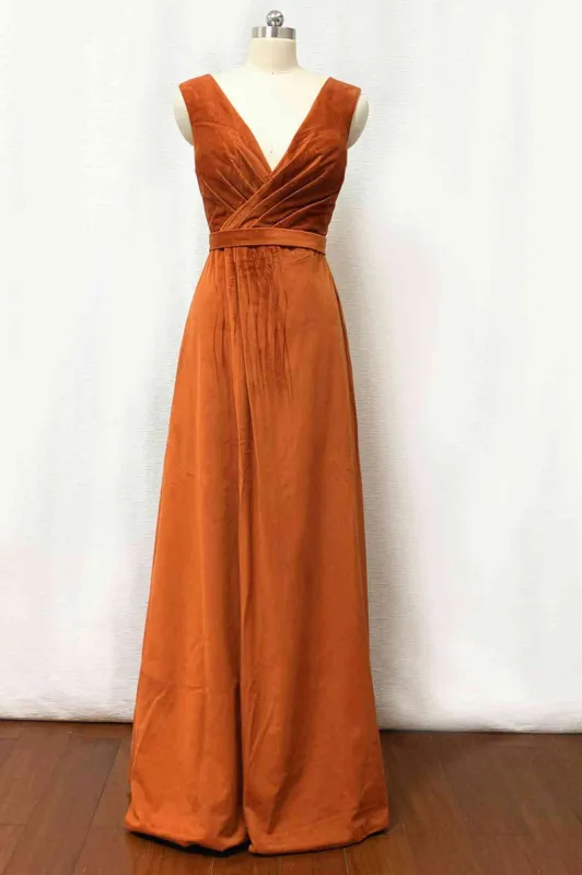Velvet Burnt Orange Formal Dress V-Neck Bridesmaid Dress Pleated with Belt sold by My Chic Dress