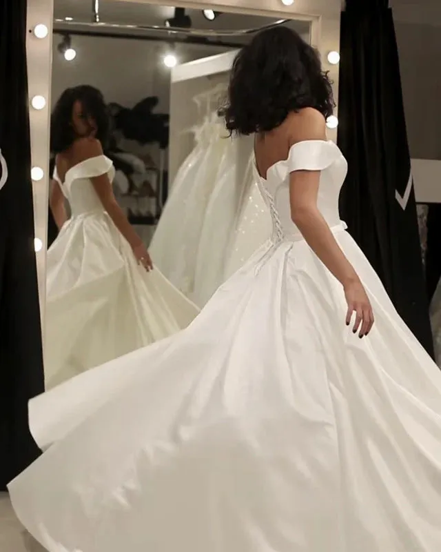 Sexy Off The Shoulder Satin Wedding Dresses Minimalist With Train sold by My Chic Dress product image thumbnail 2