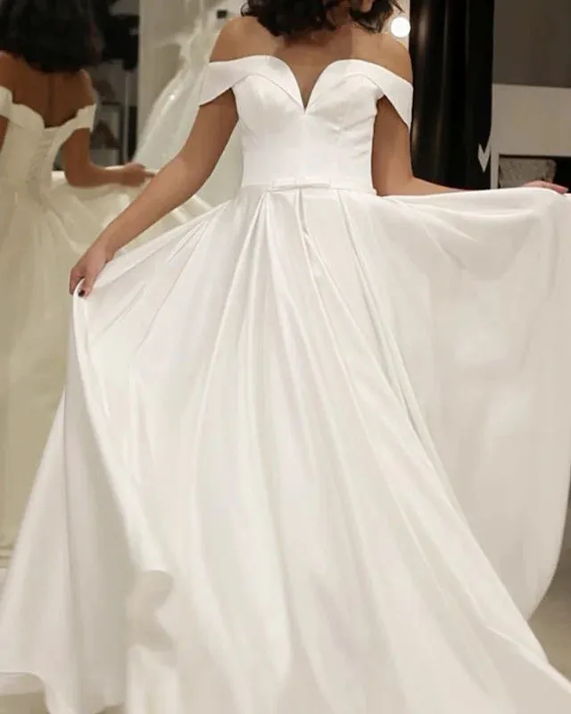 Sexy Off The Shoulder Satin Wedding Dresses Minimalist With Train sold by My Chic Dress