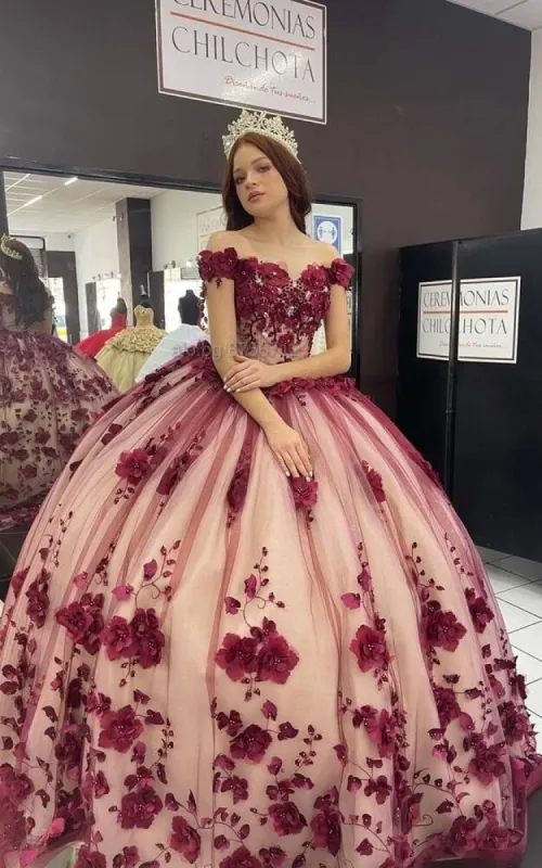 Princess 2025 Burgundy Quinceanera 15 Dresses Crystals With 3D Flowers sold by My Chic Dress