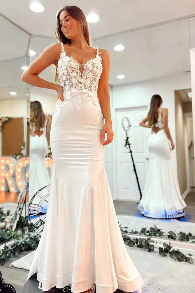 Long V Neck Mermaid Lace 2025 White Prom Dress Open Back Formal Evening Dress sold by My Chic Dress