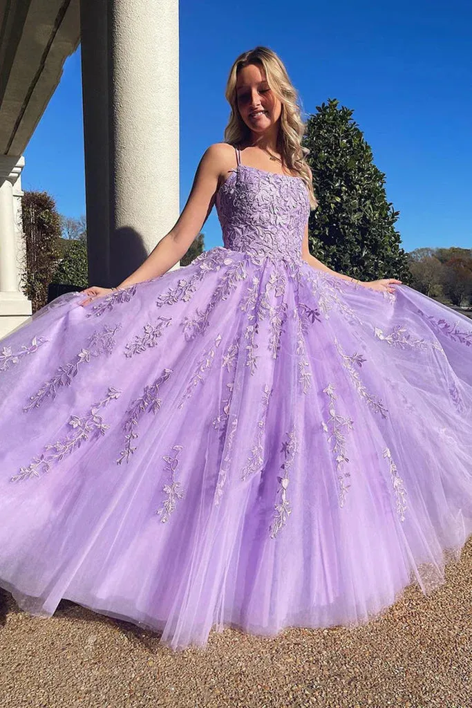 2025 A Line Purple Lace Violet Prom Dresses Open Back Long Formal Dresses sold by My Chic Dress