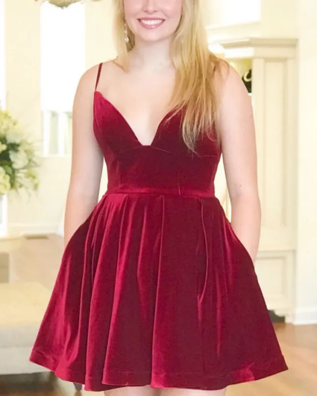 Simple Burgundy Velvet Winter Formal Dress Short V Neck Homecoming Dress sold by My Chic Dress