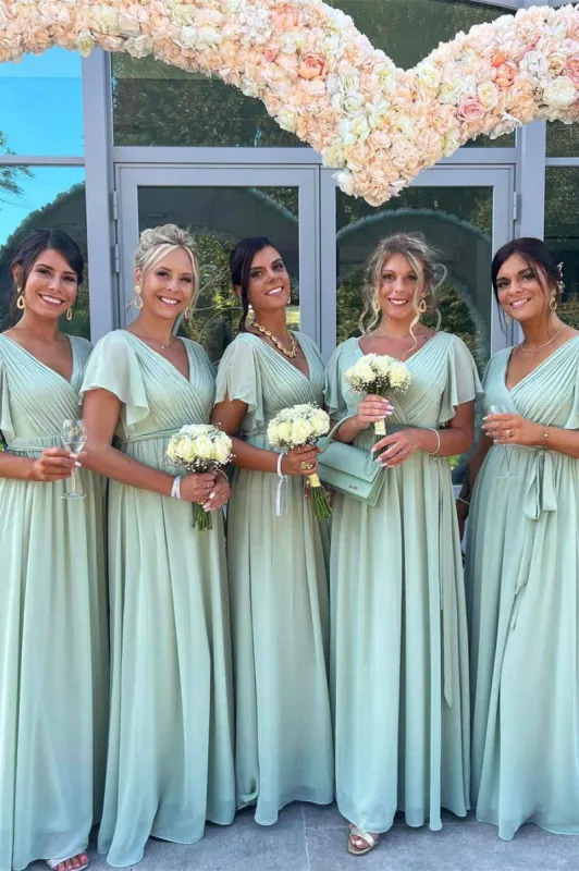 Cheap V-Neck Sage Green Bridesmaid Dress UK Pleated Chiffon Party Dress sold by My Chic Dress
