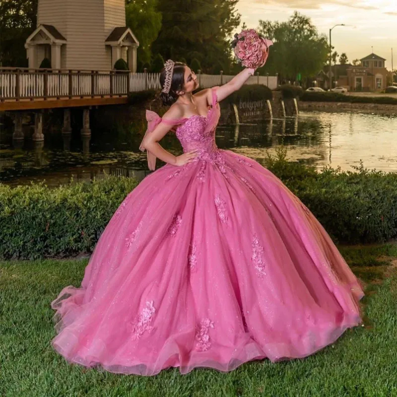 Pretty 2025 Pink Quinceanera Dresses Puffy Lace Off-Shoulder Sweet 16 Gowns sold by My Chic Dress