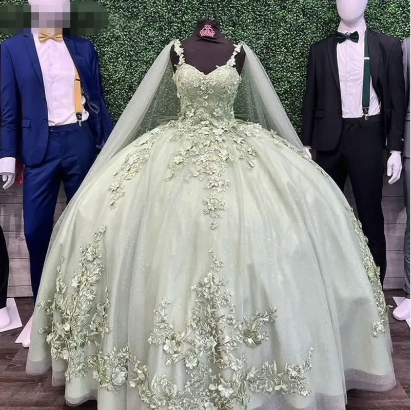 3D Flowers Mint Green Quinceanera Dress 2025 With Cape Spaghetti Strap sold by My Chic Dress