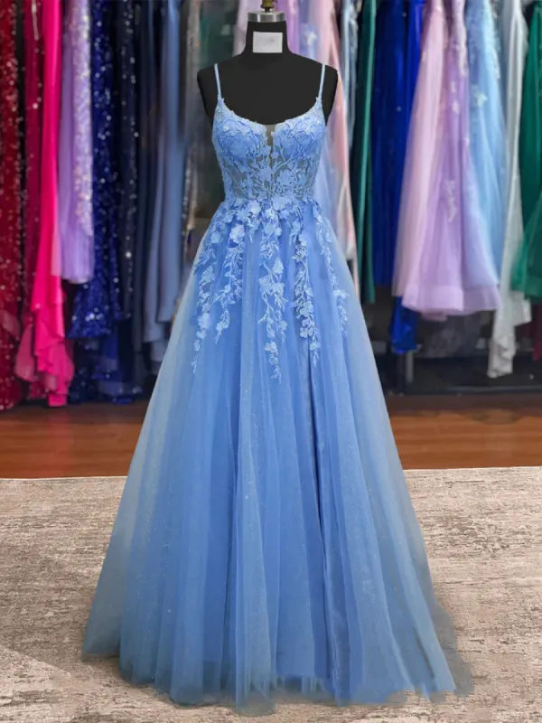 2025 Lace Blue Prom Dresses V Neck Long Formal Dresses Open Back sold by My Chic Dress