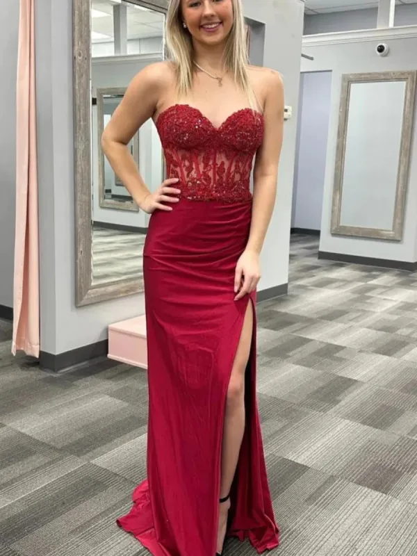 Mermaid Long Beaded Burgundy Lace Prom Dresses Strapless sold by My Chic Dress
