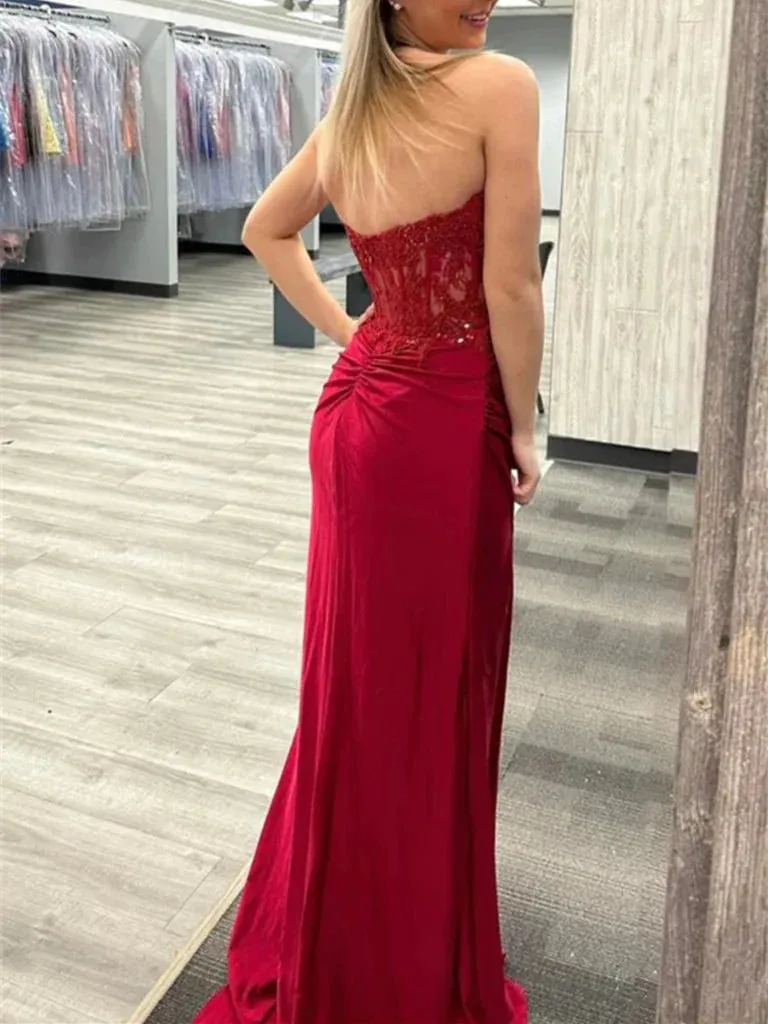 Mermaid Long Beaded Burgundy Lace Prom Dresses Strapless sold by My Chic Dress product image thumbnail 4