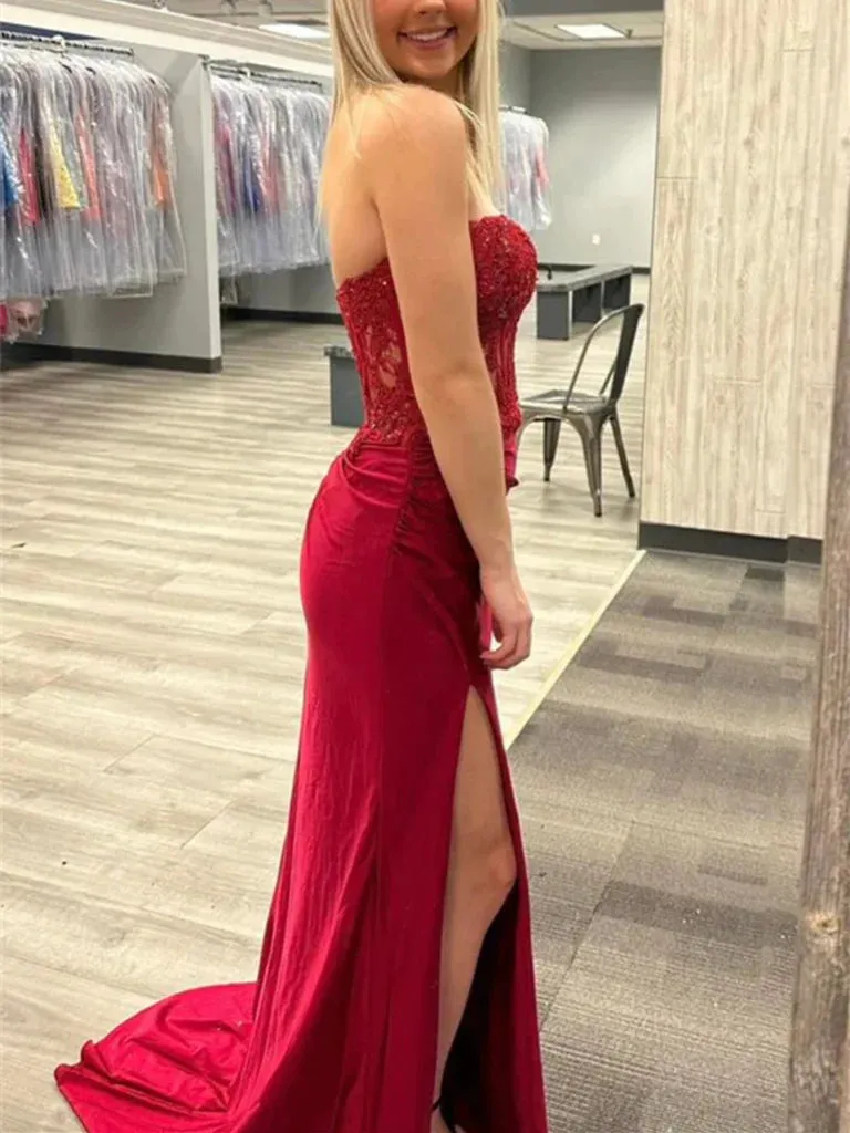 Mermaid Long Beaded Burgundy Lace Prom Dresses Strapless sold by My Chic Dress product image thumbnail 3