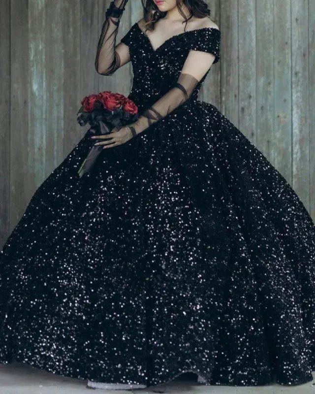 Ball Gown Black Sequin Gothic Wedding Dress Off the Shoulder sold by My Chic Dress