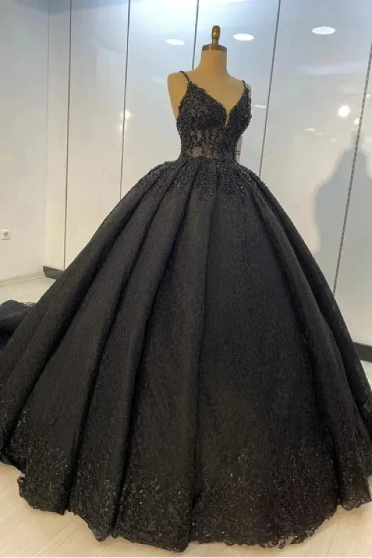 Princess Ball Gown Spaghetti Straps Beaded Black Wedding Dresses sold by My Chic Dress