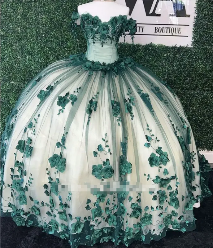 Princess Ball Gown Green Quince Dresses Floral Beaded Crystals Off the Shoulder sold by My Chic Dress