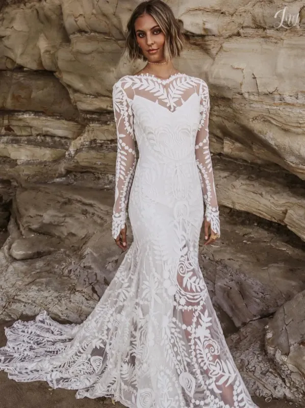 Sexy Round Neck Embroidered Long Sleeve white Wedding Dress Backless Mermaid sold by My Chic Dress