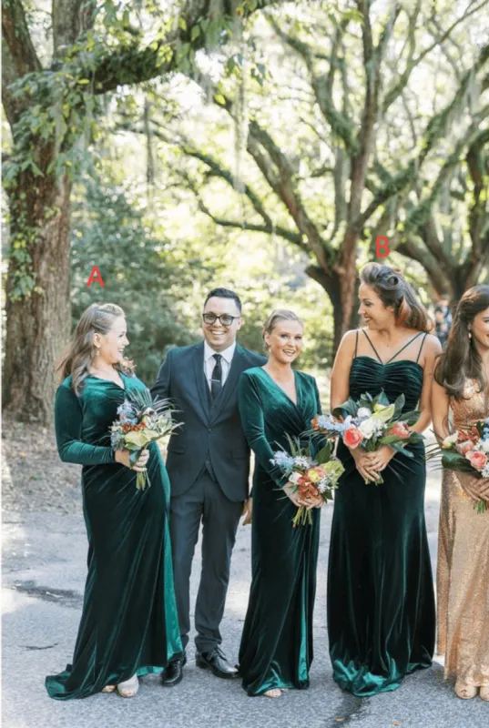 Long Sleeves Winter Emerald Green Velvet Bridesmaid Dress V-neck sold by My Chic Dress